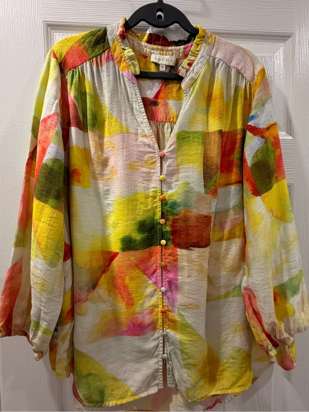 Watercolor Patchwork Button-Front Blouse in Multi-Color - Picture 2 of 5